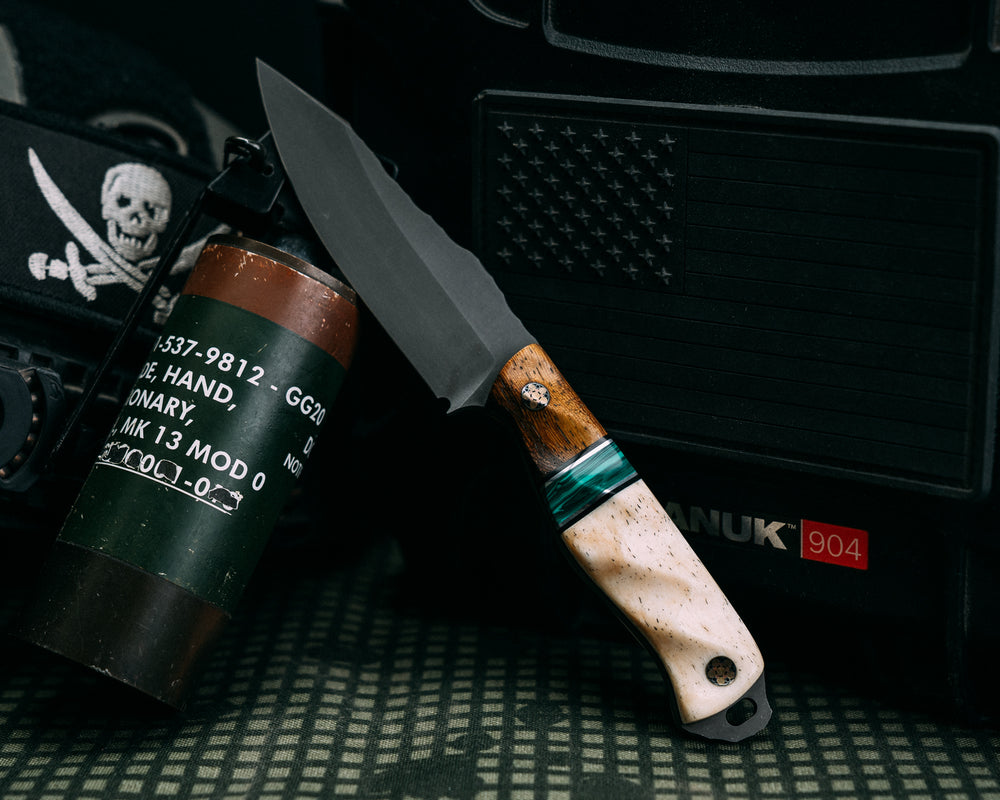 Field Knife Jr- Pheasantwood, Black G10 and Aluminum Pin Striping, Green Juma Split, Giraffe Bone, Mosaic Pins, Textured Grip