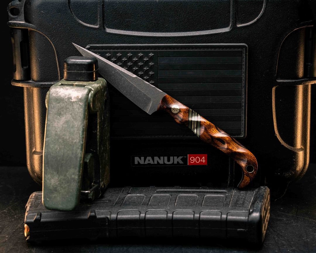 Slender Man- Desert Ironwood, Black G10, OD Green G10 and Brass Split, Brass Mosaic Pins, Brass Lanyard Pin, Textured Grip