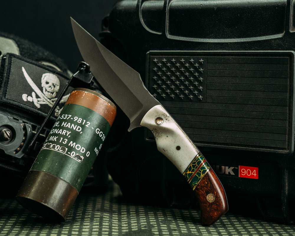 Tosahwi- Black G10, Brass and Natural Micarta Pin Striping, Arizona Jade Tru-stone Split, Desert Ironwood, Mosaic Pins, 1/8" Mosaic Pin, Contoured Grip