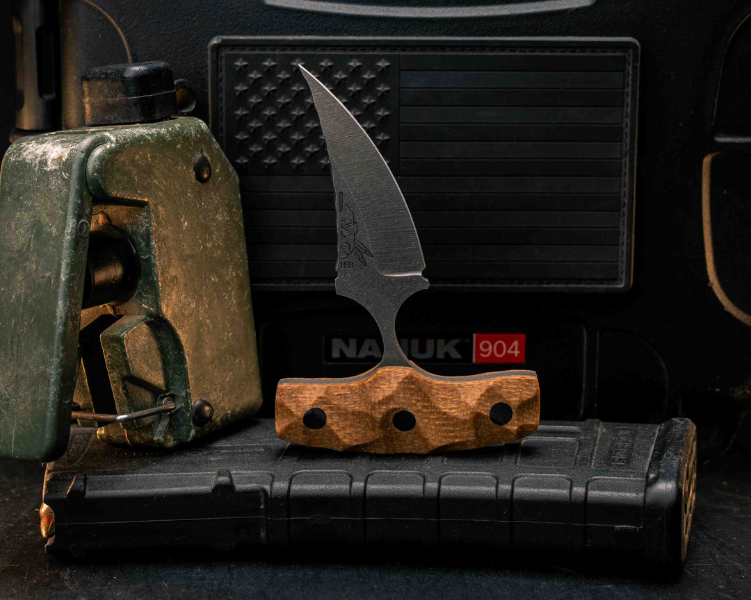 K9 Push Blade- Castille Jute Micarta, CF Pins, Textured Grip