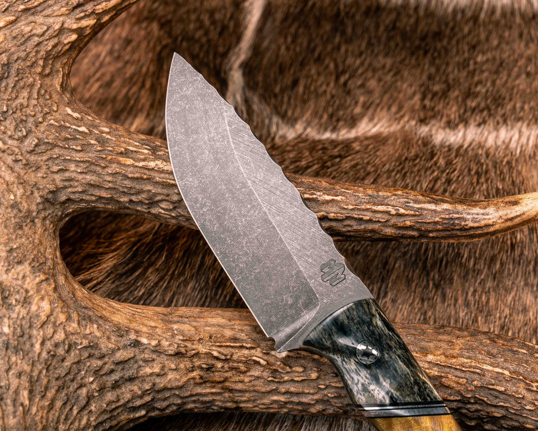 Cav Jr- Giraffe Bone, Black G10 and Aluminum Pin Striping, Dyed Curly Maple Split, Dyed White Oak, Mosaic Pins, Textured Grip