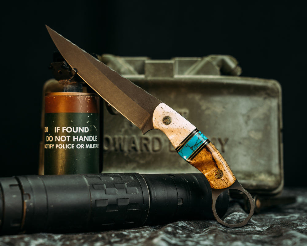 Osoraku 4"- Giraffe Bone, Black G10 and Brass Pin Striping, Kingman Tru-stone Split, Pheasantwood, Mosaic Pins, Grooved Grip