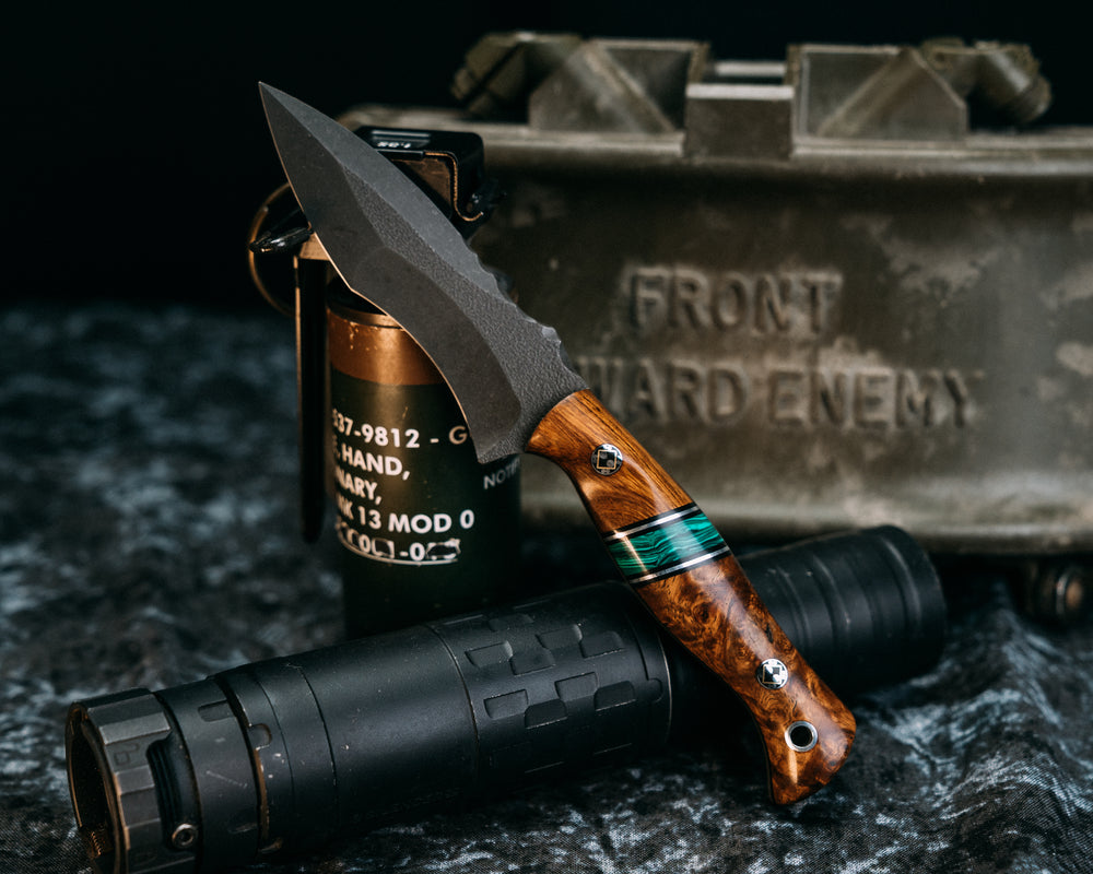 Extremis MK1 - Desert Ironwood, Black G10 and Aluminum Pin Striping, Green Juma Gem Split, Afzelia Burl, Mosaic Pins, Aluminum Lanyard Pin, Contoured Grip