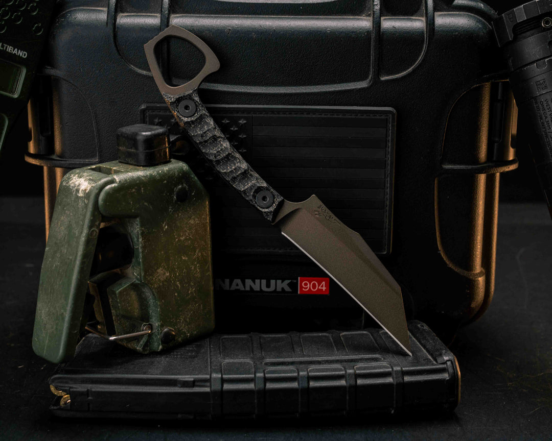 SOPHS- Black Burlap Micarta, Midnight Bronze Cerakote, Allen Bolts, Textured Grip