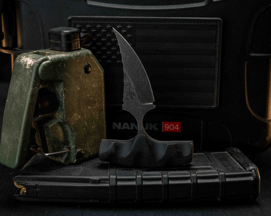 K9 Push Blade- Black G10, CF Pins, Textured Grip