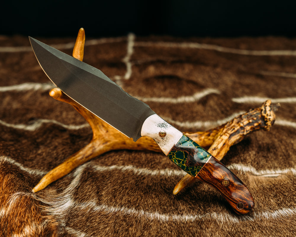 Crow Scout Drop Point - Copper Pin Striping, Copper Dark Matter Carbon Over Arizona Jade Tru-stone Split, Desert Ironwood, Mosaic Pins, Copper Lanyard Pin, Textured Grip