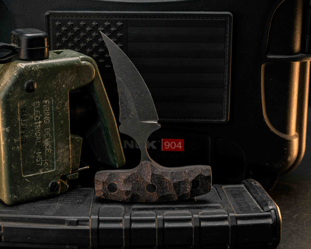 K9 Push Blade- Bison Jute Micarta, CF Pins, Textured Grip