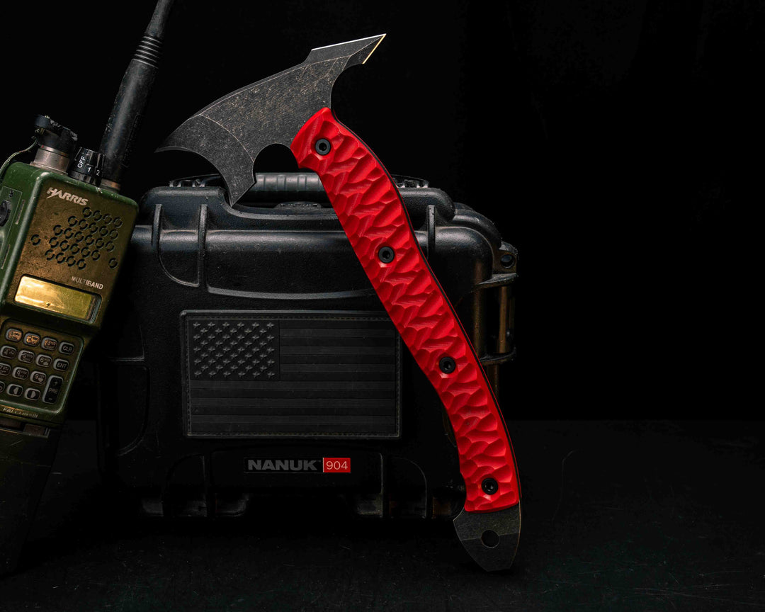 Crescent Hawk- Red G10, Allen Bolts, Textured Grip, Open Tang