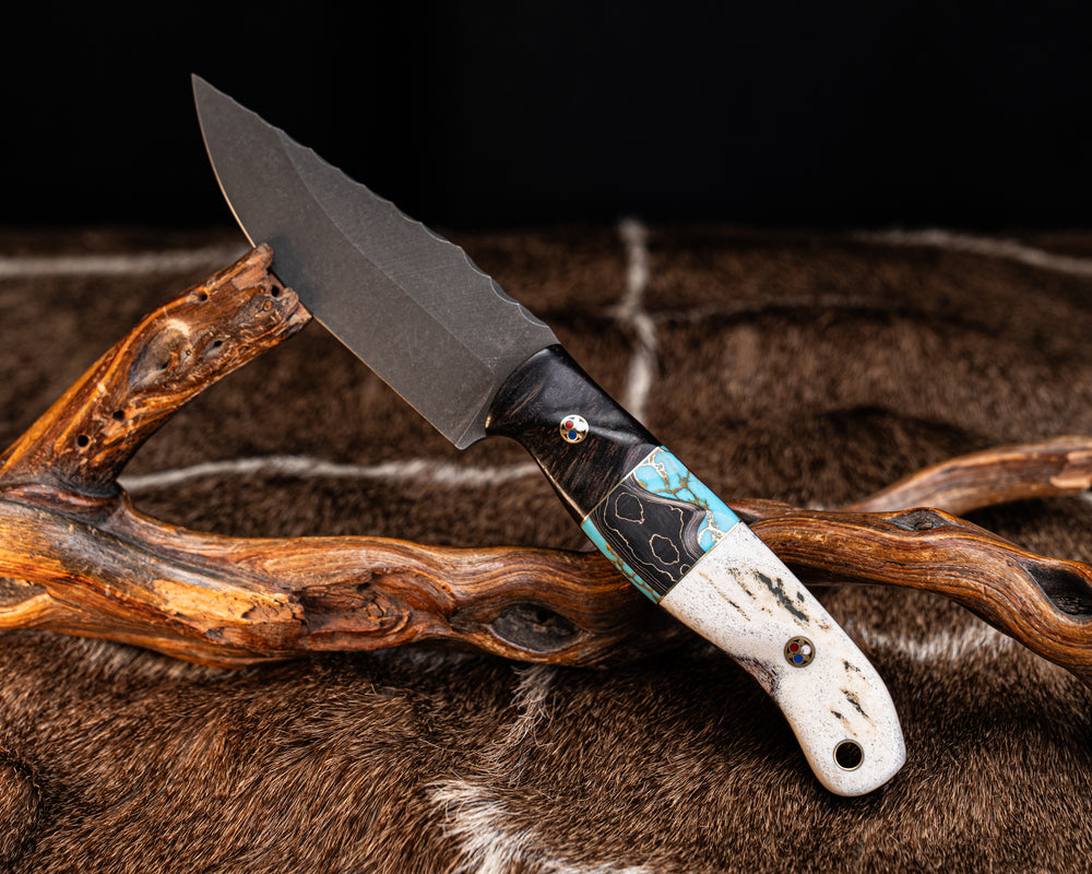Crow Jr- Dyed Redwood, Brass Pin Striping, Copper Camo Carbon Over Turquoise with Gold Web Tru-stone Split, Patriot Mosaic Pins, Brass Lanyard Pin, Contoured Grip