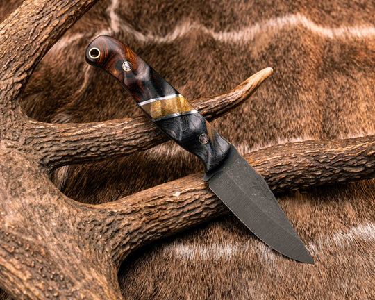Crow Cub- Dyed White Oak, Black G10 and Aluminum Pin Striping, Dyed Maple Split, Desert Ironwood, Mosaic Pins, Brass Lanyard Pin, Textured Grip