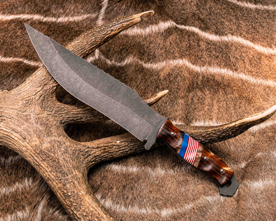 American Bowie- Desert Ironwood, Hawaiian Curly Koa, Blue, Cherry and White G10 Split, Patriot Mosaic Pins, Textured Grip