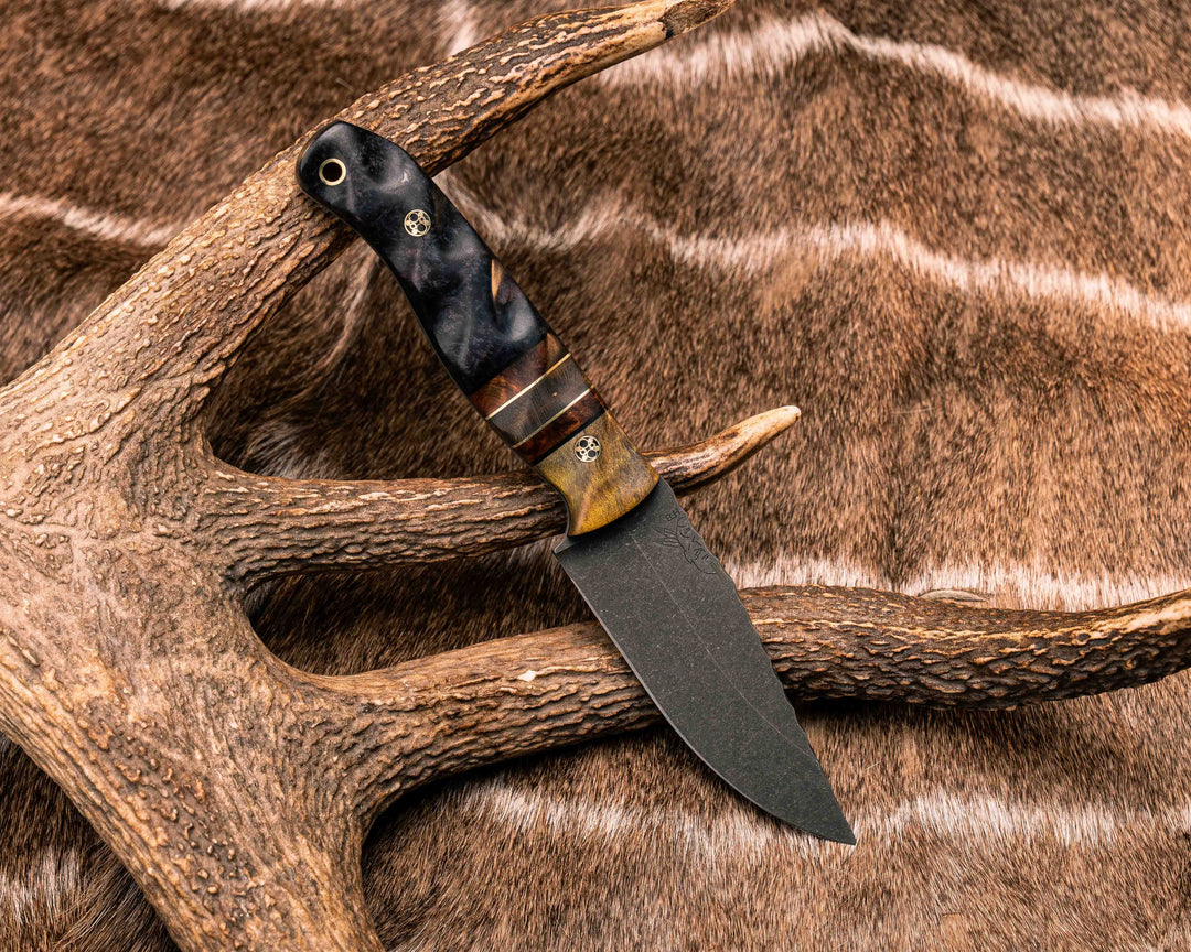 Crow Jr- Dyed Maple, Black G10 and Brass Pin Striping, Desert Ironwood and Dyed Maple Split, Dyed Redwood, Mosaic Pins, Brass Lanyard Pin, Textured Grip
