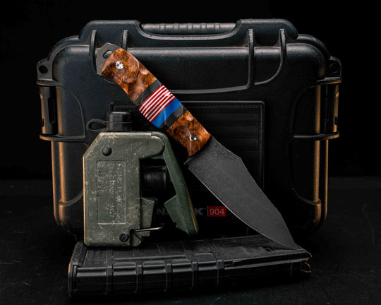 Field Knife - Afzelia Burl, Ancient Bog Oak, Blue G10 and Red and White G10 Split, Patriot Mosaic Pine, Textured Grip