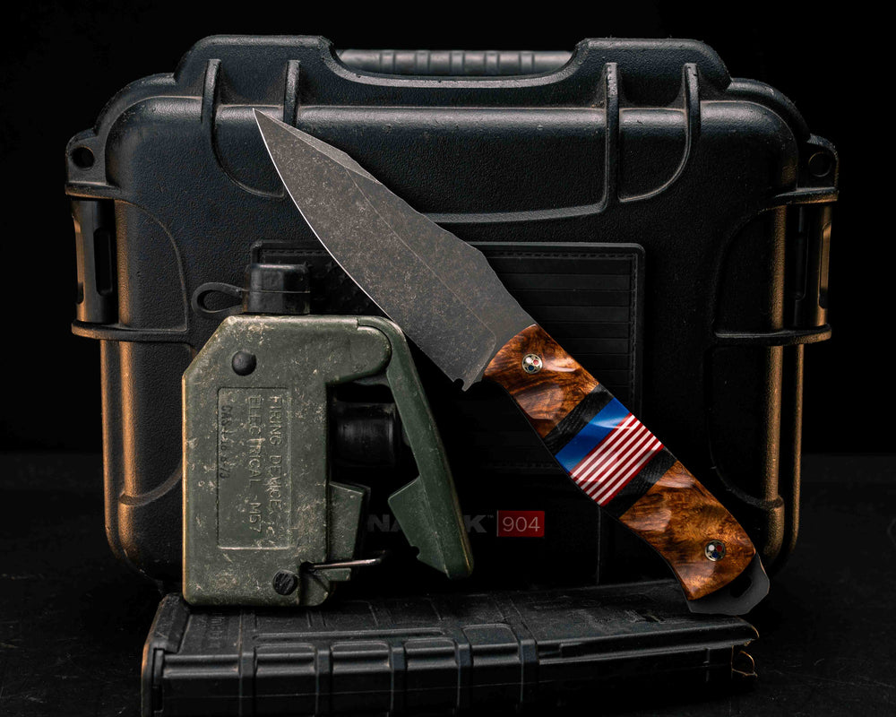 Field Knife - Afzelia Burl, Ancient Bog Oak, Blue G10 and Red and White G10 Split, Patriot Mosaic Pine, Textured Grip