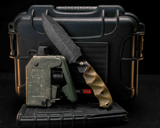 Disaster Jr- Desert Ironwood, Black G10, Aluminum and Black Ash Burl Split, Olive Green Canvas Micarta, Mosaic Pins, Aluminum Lanyard Pin, Textured Grip