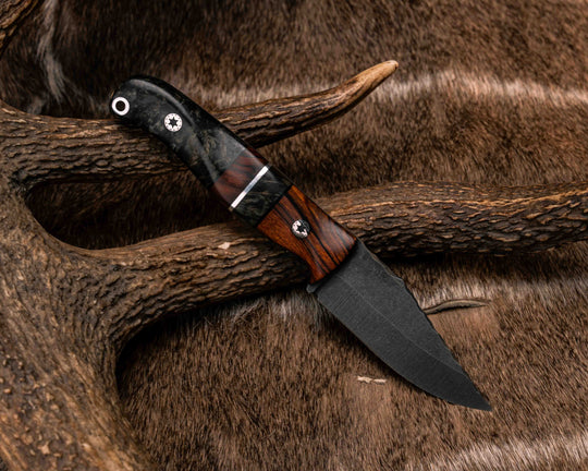 Crow Cub- Desert Ironwood, Black G10 and Aluminum Pin Striping, Dyed Redwood and Desert Ironwood Split, Dyed Redwood, Mosaic Pins, Aluminum Lanyard Pin, Textured Grip