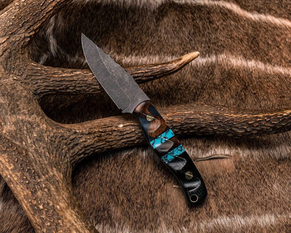 Crow Cub- Hawaiian Curly Koa Over Black Canvas Micarta, Black G10 Pin Striping, Turquoise with Black Web Tru-stone and Hawaiian Curly Koa Split, Black Burlap Micarta, Mosaic Pins, Brass Lanyard Pin, Textured Grip
