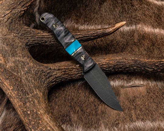 Crow Cub- Dyed Curly Maple, Grey G10, Brass and Black G10 Pin Striping, Turquoise Tru-stone Split, Mosaic Pins, Brass Lanyard Pin, Textured Grip