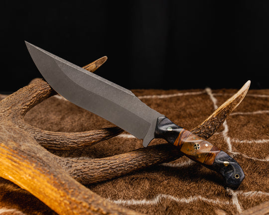 American Bowie- Dyed Redwood, Black G10 Pin Striping, Desert Ironwood and Teak Split, Brass Pins, 1/8" Brass Pins, Mosaic Pin, Brass Lanyard Pin, Textured Grip