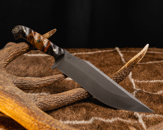 American Bowie- Dyed Redwood, Black G10 Pin Striping, Desert Ironwood and Teak Split, Brass Pins, 1/8" Brass Pins, Mosaic Pin, Brass Lanyard Pin, Textured Grip