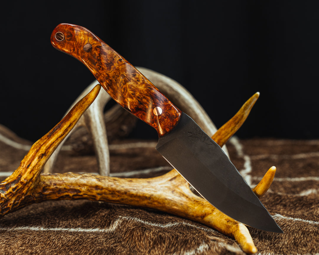 Crow Jr- Amboyna Burl, Copper Pins, Copper Lanyard Pin, Textured Grip