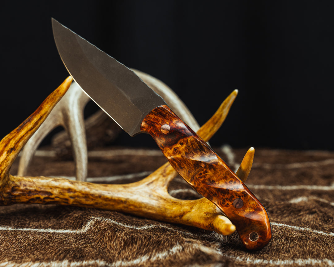 Crow Jr- Amboyna Burl, Copper Pins, Copper Lanyard Pin, Textured Grip