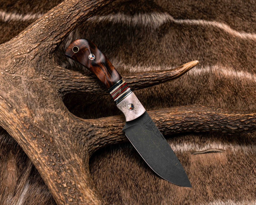 Cav Jr- Elk Antler, Black G10 and Brass Pin Striping, Blue Canvas Micarta, White G10 and Red Canvas Micarta Split, Desert Ironwood, Patriot Mosaic Pins, Brass Lanyard Pin, Textured Grip