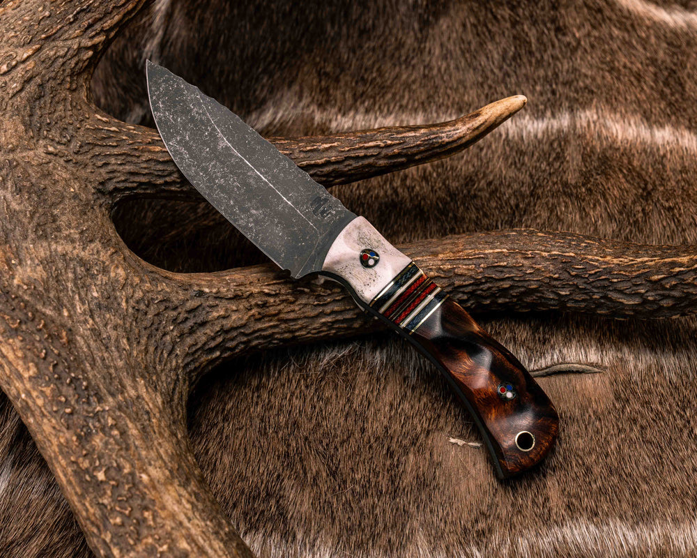 Cav Jr- Elk Antler, Black G10 and Brass Pin Striping, Blue Canvas Micarta, White G10 and Red Canvas Micarta Split, Desert Ironwood, Patriot Mosaic Pins, Brass Lanyard Pin, Textured Grip