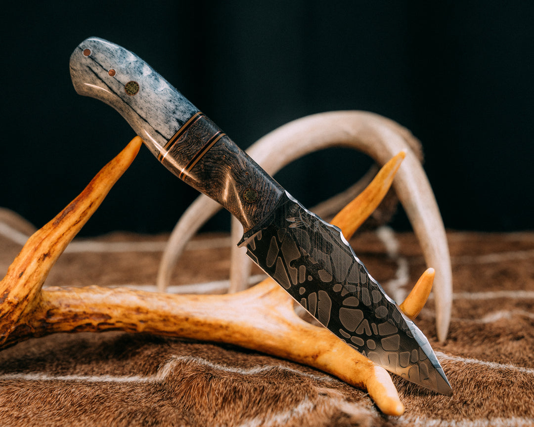 Field Knife- Dyed Maple, Black G10, OD Green G10 and Copper Pin Striping, Dyed Maple Split, Dyed Giraffe Bone, Mosaic Pins, 1/8" Copper Pins, Contoured Grip