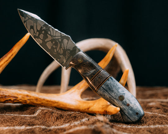 Field Knife- Dyed Maple, Black G10, OD Green G10 and Copper Pin Striping, Dyed Maple Split, Dyed Giraffe Bone, Mosaic Pins, 1/8" Copper Pins, Contoured Grip