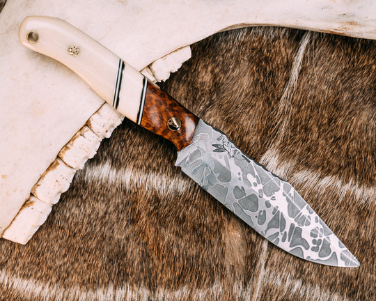 Crow Scout Drop Point- Snakewood, Black G10, White G10 and Brass Pin Striping, Giraffe Bone Split, Giraffe Bone, Half Face Mosaic Pin, Mosaic Pin, Brass Lanyard Pin, Contoured Grip