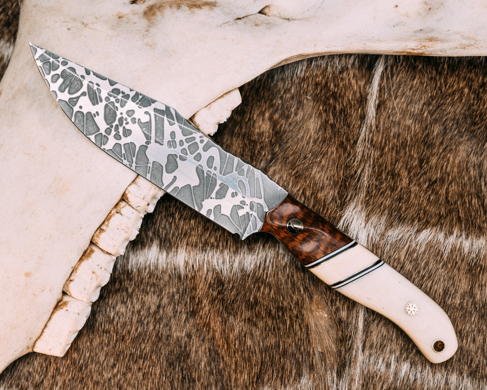 Crow Scout Drop Point- Snakewood, Black G10, White G10 and Brass Pin Striping, Giraffe Bone Split, Giraffe Bone, Half Face Mosaic Pin, Mosaic Pin, Brass Lanyard Pin, Contoured Grip