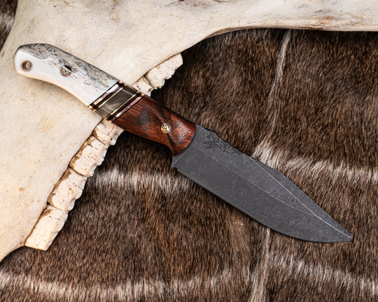 Crow Scout Drop Point- Mahogany, Black G10, Copper, Natural Canvas Micarta and Brass Pin Striping, Rams Horn Split, Mosaic Pins, Copper Lanyard Pin, Contoured Grip