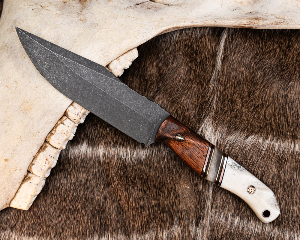 Crow Scout Drop Point- Mahogany, Black G10, Copper, Natural Canvas Micarta and Brass Pin Striping, Rams Horn Split, Mosaic Pins, Copper Lanyard Pin, Contoured Grip