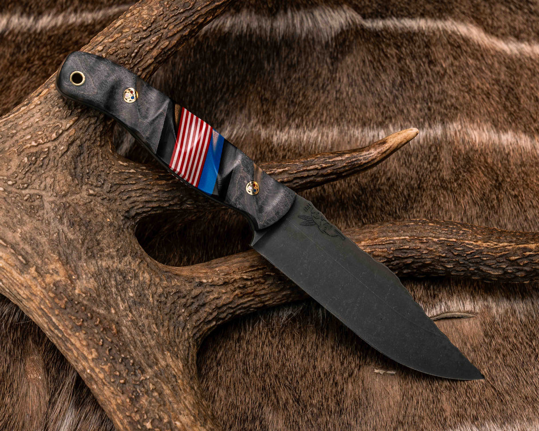 Crow Scout- Dyed Curly Maple, Black G10, Blue G10 and Red and White G10 Split, Patriot Mosaic Pins, Brass Lanyard Pin, Textured Grip