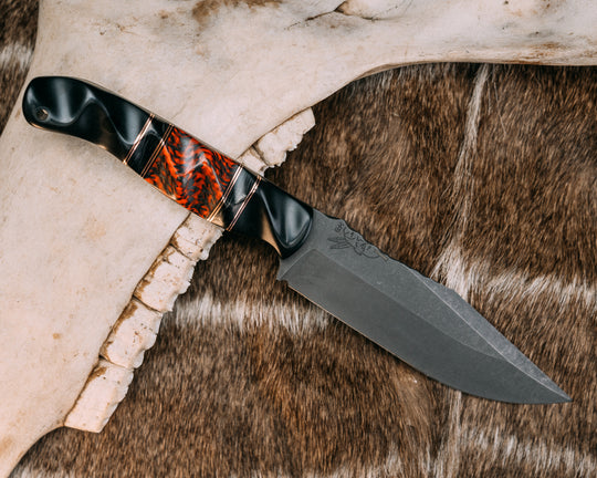 Crow Scout Drop Point- Bison, Black G10 and Copper Pin Striping, Black Dark Matter Carbon and Carbon and Red Resin Split, CF Pins, CF Lanyard Pin, Textured Grip
