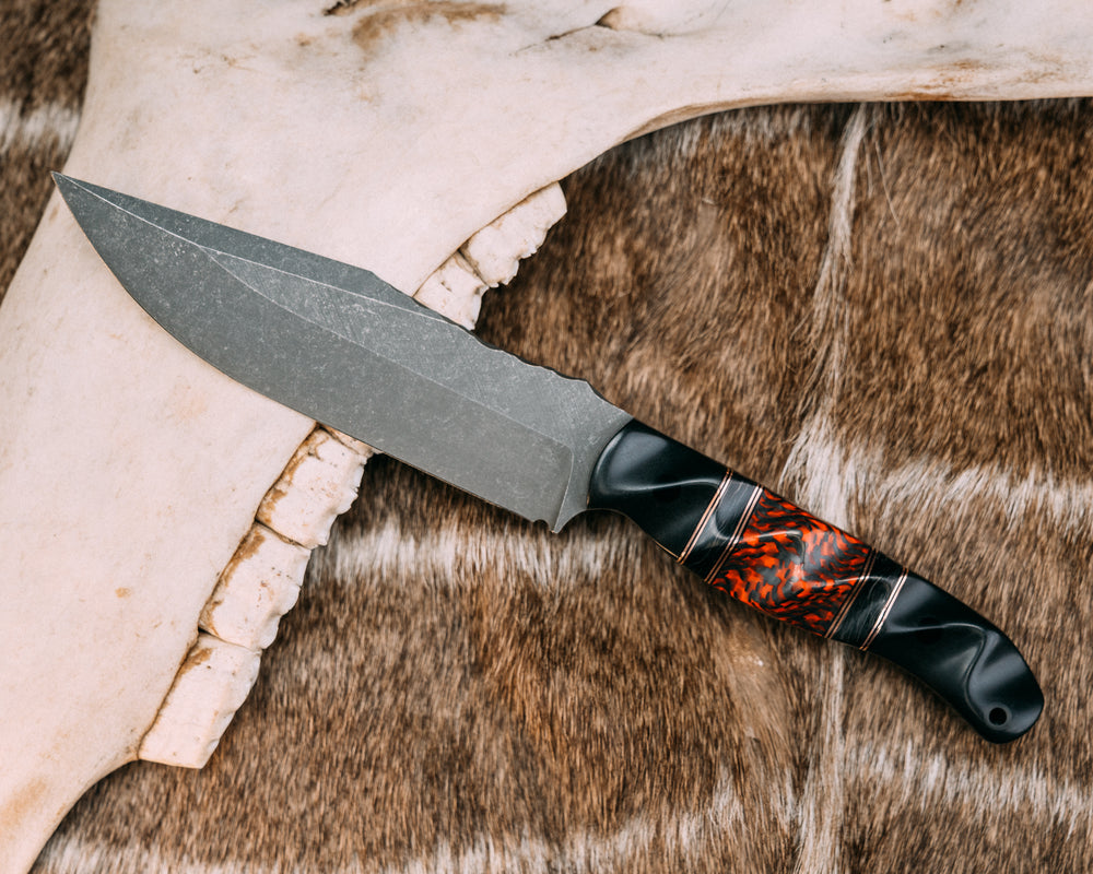 Crow Scout Drop Point- Bison, Black G10 and Copper Pin Striping, Black Dark Matter Carbon and Carbon and Red Resin Split, CF Pins, CF Lanyard Pin, Textured Grip