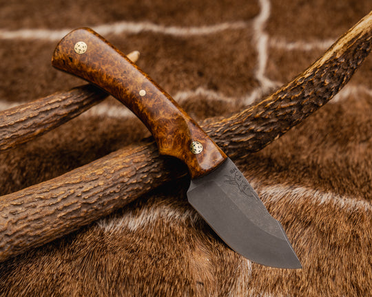 Beef Harpoon- Amboyna Burl, Mosaic Pins, 1/8" Brass Pin, Contoured Grip