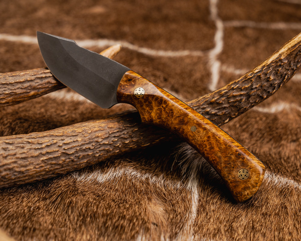 Beef Harpoon- Amboyna Burl, Mosaic Pins, 1/8" Brass Pin, Contoured Grip