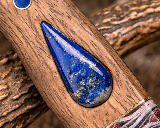 American Bowie- Sherman Tank Damascus SanMai- Geronimo Lapis Azuli Stone Inlay from Abbottabad Pakistan, WWI,WWII, Vietnam & Modern SEAL Cammie Micarta, American Flag Split, White Oak from the U.S.S. Constitution, Lapis in Brass Pins, Textured Grip