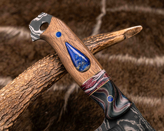 American Bowie- Sherman Tank Damascus SanMai- Geronimo Lapis Azuli Stone Inlay from Abbottabad Pakistan, WWI,WWII, Vietnam & Modern SEAL Cammie Micarta, American Flag Split, White Oak from the U.S.S. Constitution, Lapis in Brass Pins, Textured Grip