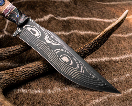 American Bowie- Sherman Tank Damascus SanMai- Geronimo Lapis Azuli Stone Inlay from Abbottabad Pakistan, WWI,WWII, Vietnam & Modern SEAL Cammie Micarta, American Flag Split, White Oak from the U.S.S. Constitution, Lapis in Brass Pins, Textured Grip