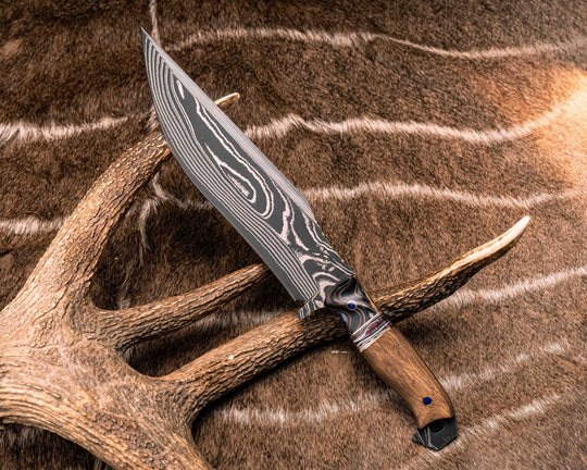 American Bowie- Sherman Tank Damascus SanMai- Geronimo Lapis Azuli Stone Inlay from Abbottabad Pakistan, WWI,WWII, Vietnam & Modern SEAL Cammie Micarta, American Flag Split, White Oak from the U.S.S. Constitution, Lapis in Brass Pins, Textured Grip