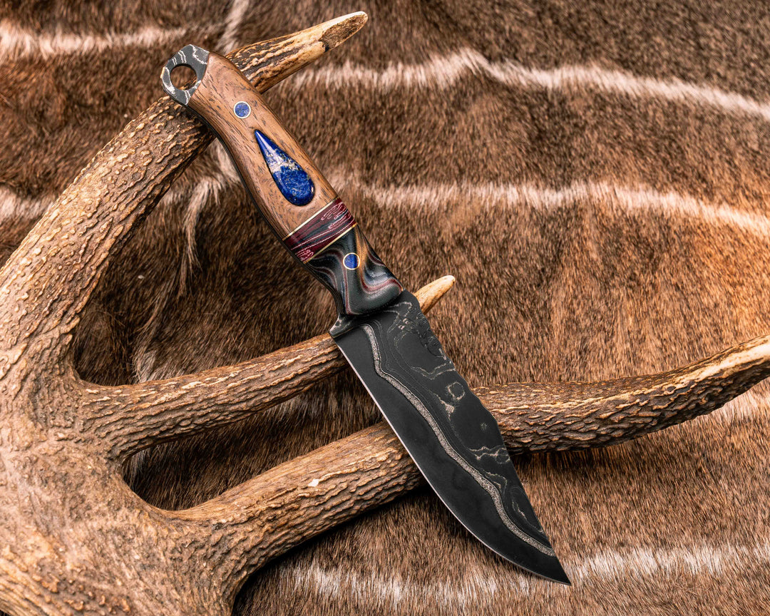 Crow Scout-Sherman Tank SanMai Damascus- Geronimo Lapis Azuli Stone Inlay from Abbottabad Pakistan, WWI,WWII, Vietnam & Modern SEAL Cammie Micarta, American Flag Split, White Oak from the U.S.S. Constitution, Lapis in Brass Pins, Textured Grip