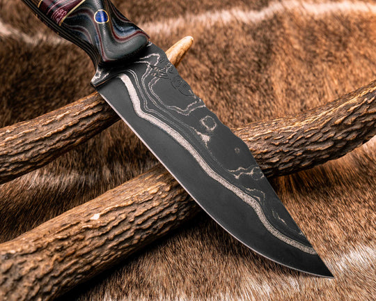 Crow Scout-Sherman Tank SanMai Damascus- Geronimo Lapis Azuli Stone Inlay from Abbottabad Pakistan, WWI,WWII, Vietnam & Modern SEAL Cammie Micarta, American Flag Split, White Oak from the U.S.S. Constitution, Lapis in Brass Pins, Textured Grip