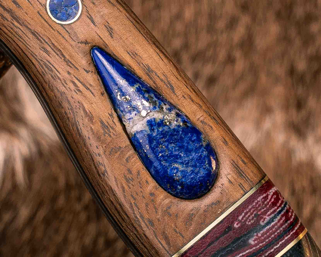 Crow Scout-Sherman Tank SanMai Damascus- Geronimo Lapis Azuli Stone Inlay from Abbottabad Pakistan, WWI,WWII, Vietnam & Modern SEAL Cammie Micarta, American Flag Split, White Oak from the U.S.S. Constitution, Lapis in Brass Pins, Textured Grip