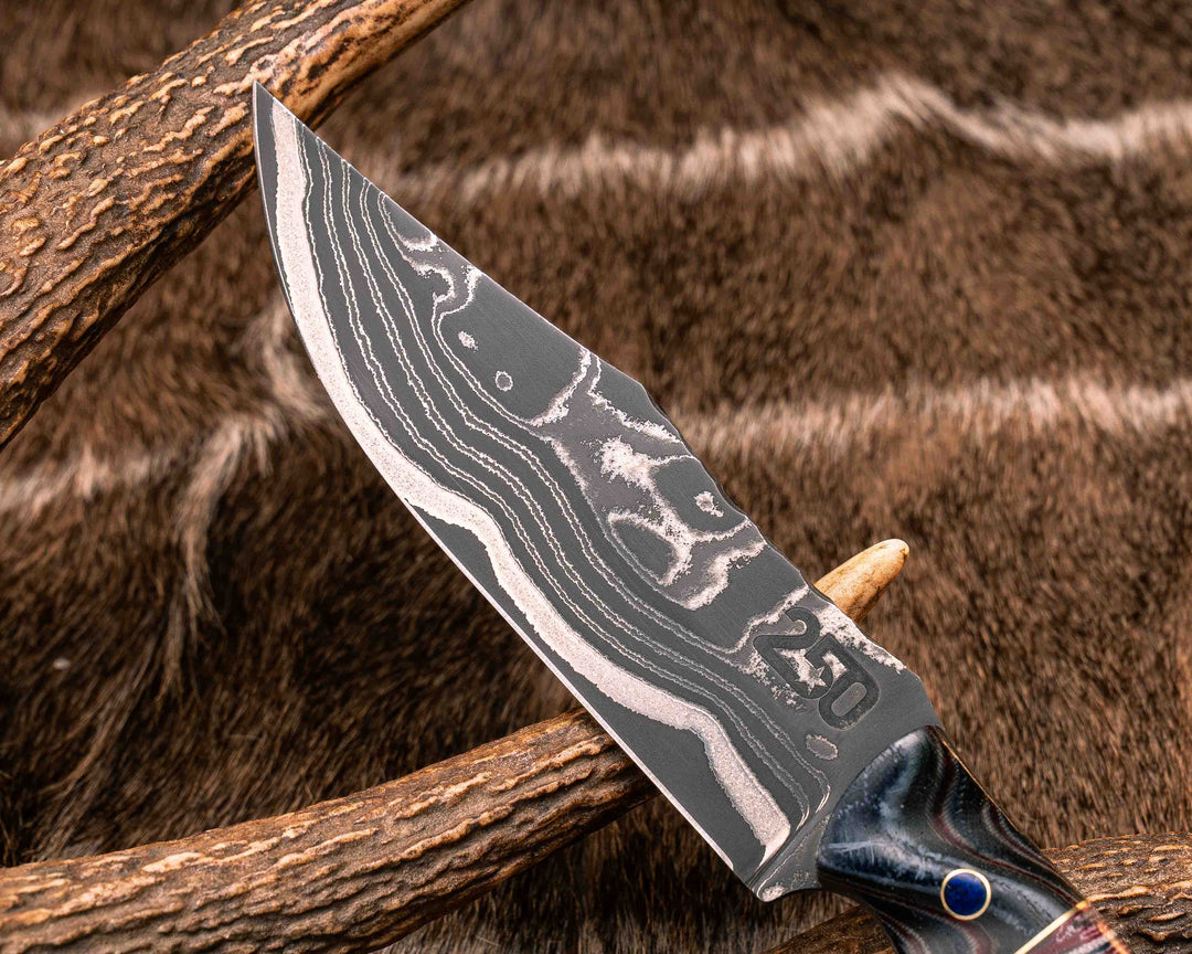 Crow Scout-Sherman Tank SanMai Damascus- Geronimo Lapis Azuli Stone Inlay from Abbottabad Pakistan, WWI,WWII, Vietnam & Modern SEAL Cammie Micarta, American Flag Split, White Oak from the U.S.S. Constitution, Lapis in Brass Pins, Textured Grip