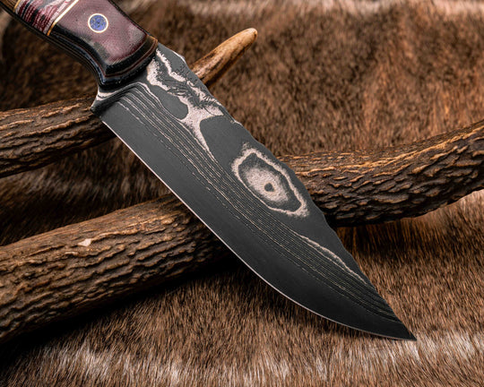 Crow Scout-Sherman Tank SanMai Damascus-Geronimo Lapis Azuli Stone Inlay from Abbottabad Pakistan, WWI,WWII, Vietnam & Modern SEAL Cammie Micarta, American Flag Split, White Oak from the U.S.S. Constitution, Lapis in Brass Pins, Textured Grip