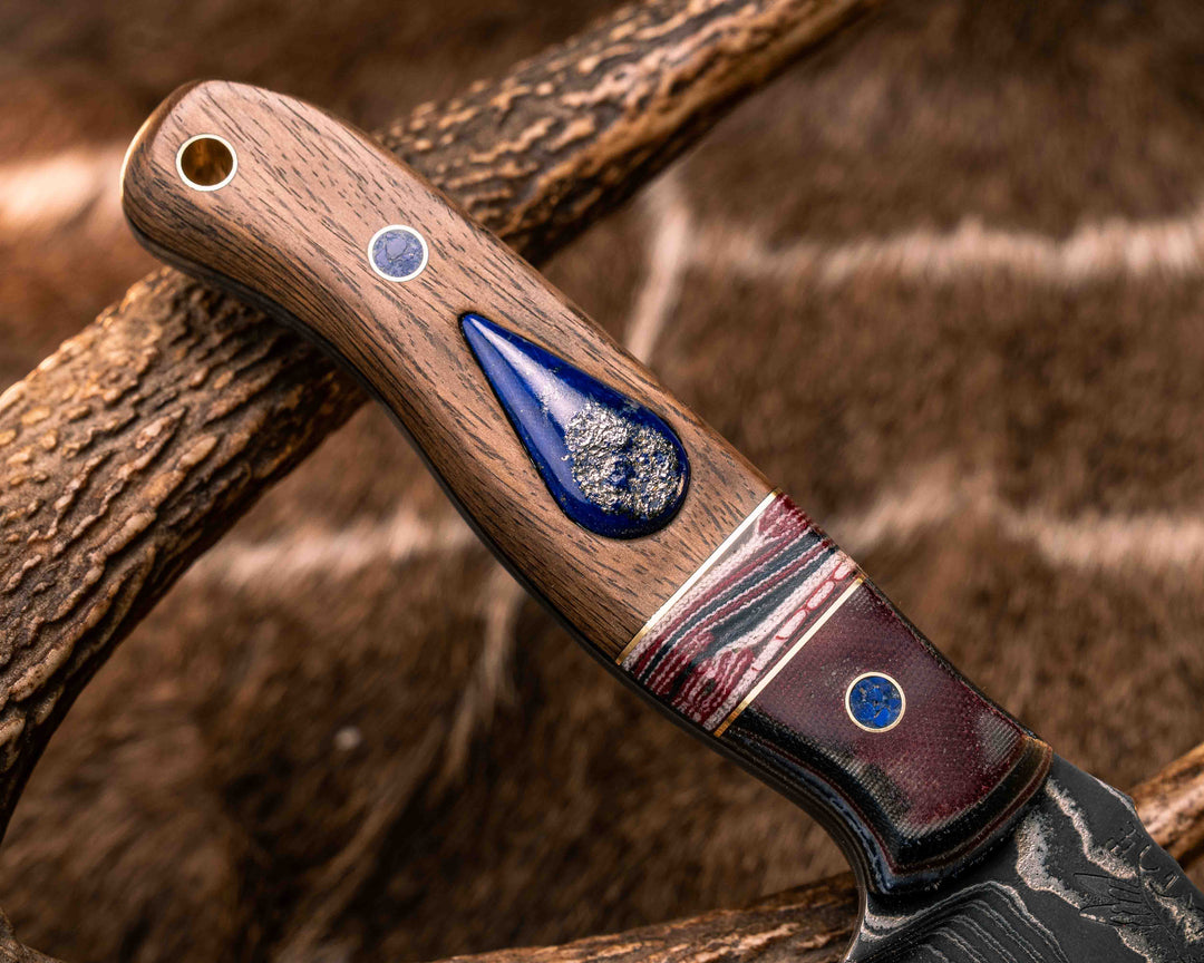 Crow Scout-Sherman Tank SanMai Damascus-Geronimo Lapis Azuli Stone Inlay from Abbottabad Pakistan, WWI,WWII, Vietnam & Modern SEAL Cammie Micarta, American Flag Split, White Oak from the U.S.S. Constitution, Lapis in Brass Pins, Textured Grip