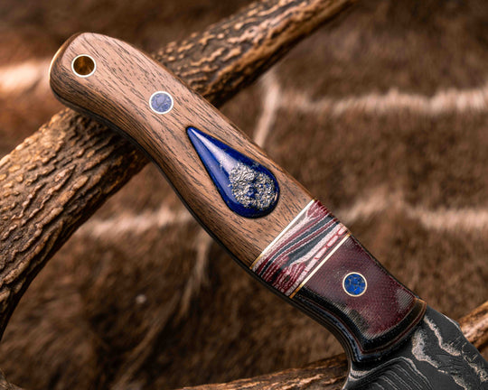 Crow Scout-Sherman Tank SanMai Damascus-Geronimo Lapis Azuli Stone Inlay from Abbottabad Pakistan, WWI,WWII, Vietnam & Modern SEAL Cammie Micarta, American Flag Split, White Oak from the U.S.S. Constitution, Lapis in Brass Pins, Textured Grip